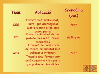Grandària
Tipus         Aplicació
                                      (pes)
         Format molt evolucionat,
OGG       lliure, que aconsegueix      Petit
         qualitats molt altes amb
                 pesos petits
         Format estàndard de les
 AIF    plataformes MAC. Sense       Molt gros
                  compressió
         El format de codificació
        de música de qualitat més
 MP3        utilitzat a internet.      Petit
        Treballa amb format wav
        però comprimeix les parts
         que poden ser inaudibles
 