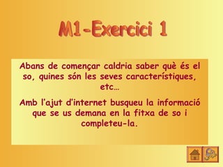 Abans de començar caldria saber què és el
 so, quines són les seves característiques,
                    etc…
Amb l’ajut d’internet busqueu la informació
  que se us demana en la fitxa de so i
               completeu-la.
 