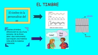 El timbre és la
personalitat del
so
Gràcies al timbre,
diferenciem la veu d’una
persona de la d’una
altre i dos instruments
que toquen una mateixa
nota amb la mateixa
intensitat.
hola!!
Que
fas?
vibrato
tremolo
EL TIMBRE
 