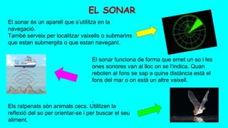EL SONAR
El sonar funciona de forma que emet un so i les
ones sonores van al lloc on se l’indica. Quan
reboten al fons se sap a quina distància està el
fons del mar o on està un altre vaixell.
.
Els ratpenats són animals cecs. Utilitzen la
reflexió del so per orientar-se i per buscar el seu
aliment.
 