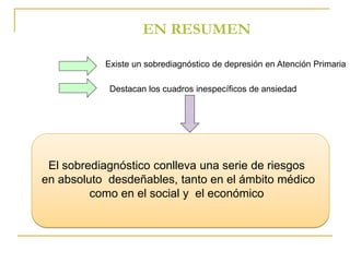 EN RESUMEN 
Existe un sobrediagnóstico de depresión en Atención Primaria 
Destacan los cuadros inespecíficos de ansiedad 
El sobrediagnóstico conlleva una serie de riesgos 
en absoluto desdeñables, tanto en el ámbito médico 
como en el social y el económico 
 