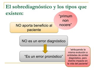 El sobrediagnóstico y los tipos que 
existen: 
NO aporta beneficio al 
paciente 
“primum 
non 
nocere” 
NO es un error diagnóstico 
“Es un error pronóstico” 
“atribuyendo la 
misma evolución a 
entidades de similar 
diagnóstico, pero 
distinto impacto en 
la vida del paciente” 
 