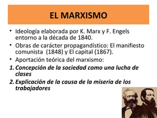 EL MARXISMO
• Ideología elaborada por K. Marx y F. Engels
entorno a la década de 1840.
• Obras de carácter propagandístico: El manifiesto
comunista (1848) y El capital (1867).
• Aportación teórica del marxismo:
1.Concepción de la sociedad como una lucha de
clases
2.Explicación de la causa de la miseria de los
trabajadores
 