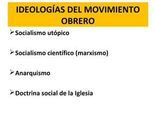 IDEOLOGÍAS DEL MOVIMIENTO
OBRERO
Socialismo utópico
Socialismo científico (marxismo)
Anarquismo
Doctrina social de la Iglesia
 