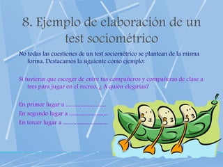 8. Ejemplo de elaboración de un test sociométrico No todas las cuestiones de un test sociométrico se plantean de la misma forma. Destacamos la siguiente como ejemplo: Si tuvieras que escoger de entre tus compañeros y compañeras de clase a tres para jugar en el recreo. ¿ A quién elegirías? En primer lugar a ........................... En segundo lugar a .......................... En tercer lugar a .............................. 