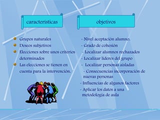 Grupos naturales   - Nivel aceptación alumno. Deseos subjetivos   - Grado de cohesión Elecciones sobre unos criterios  - Localizar alumnos rechazados determinados    - Localizar líderes del grupo Las elecciones se tienen en  -  Localizar personas aisladas cuenta para la intervención.  - Consecuencias incorporación de    nuevas personas   - Influencias de algunos factores   - Aplicar los datos a una    metodología de aula características objetivos 