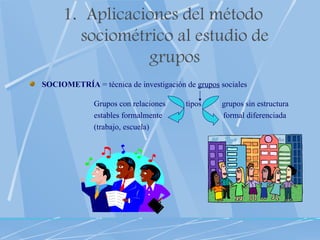 Aplicaciones del método sociométrico al estudio de grupos SOCIOMETRÍA  = técnica de investigación de  grupos  sociales Grupos con relaciones  tipos grupos sin estructura estables formalmente  formal diferenciada (trabajo, escuela) 