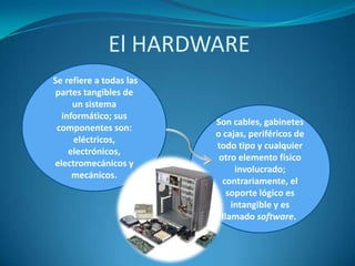 El HARDWARE
Se refiere a todas las
partes tangibles de
un sistema
informático; sus
componentes son:
eléctricos,
electrónicos,
electromecánicos y
mecánicos.

Son cables, gabinetes
o cajas, periféricos de
todo tipo y cualquier
otro elemento físico
involucrado;
contrariamente, el
soporte lógico es
intangible y es
llamado software.

 