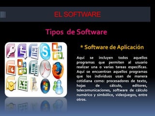 Tipos de Software
EL SOFTWARE
* Software de Aplicación
Aquí se incluyen todos aquellos
programas que permiten al usuario
realizar una o varias tareas específicas.
Aquí se encuentran aquellos programas
que los individuos usan de manera
cotidiana como: procesadores de texto,
hojas de cálculo, editores,
telecomunicaciones, software de cálculo
numérico y simbólico, videojuegos, entre
otros.
 