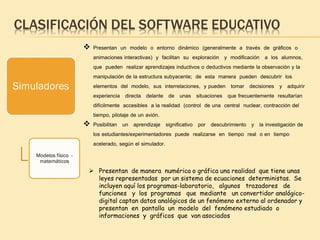 CLASIFICACIÓN DEL SOFTWARE EDUCATIVO
Simuladores
Modelos físico -
matemáticos
 Presentan un modelo o entorno dinámico (generalmente a través de gráficos o
animaciones interactivas) y facilitan su exploración y modificación a los alumnos,
que pueden realizar aprendizajes inductivos o deductivos mediante la observación y la
manipulación de la estructura subyacente; de esta manera pueden descubrir los
elementos del modelo, sus interrelaciones, y pueden tomar decisiones y adquirir
experiencia directa delante de unas situaciones que frecuentemente resultarían
difícilmente accesibles a la realidad (control de una central nuclear, contracción del
tiempo, pilotaje de un avión.
 Posibilitan un aprendizaje significativo por descubrimiento y la investigación de
los estudiantes/experimentadores puede realizarse en tiempo real o en tiempo
acelerado, según el simulador.
 Presentan de manera numérica o gráfica una realidad que tiene unas
leyes representadas por un sistema de ecuaciones deterministas. Se
incluyen aquí los programas-laboratorio, algunos trazadores de
funciones y los programas que mediante un convertidor analógico-
digital captan datos analógicos de un fenómeno externo al ordenador y
presentan en pantalla un modelo del fenómeno estudiado o
informaciones y gráficos que van asociados
 