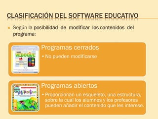 CLASIFICACIÓN DEL SOFTWARE EDUCATIVO
 Según la posibilidad de modificar los contenidos del
programa:
Programas cerrados
•No pueden modificarse
Programas abiertos
•Proporcionan un esqueleto, una estructura,
sobre la cual los alumnos y los profesores
pueden añadir el contenido que les interese.
 