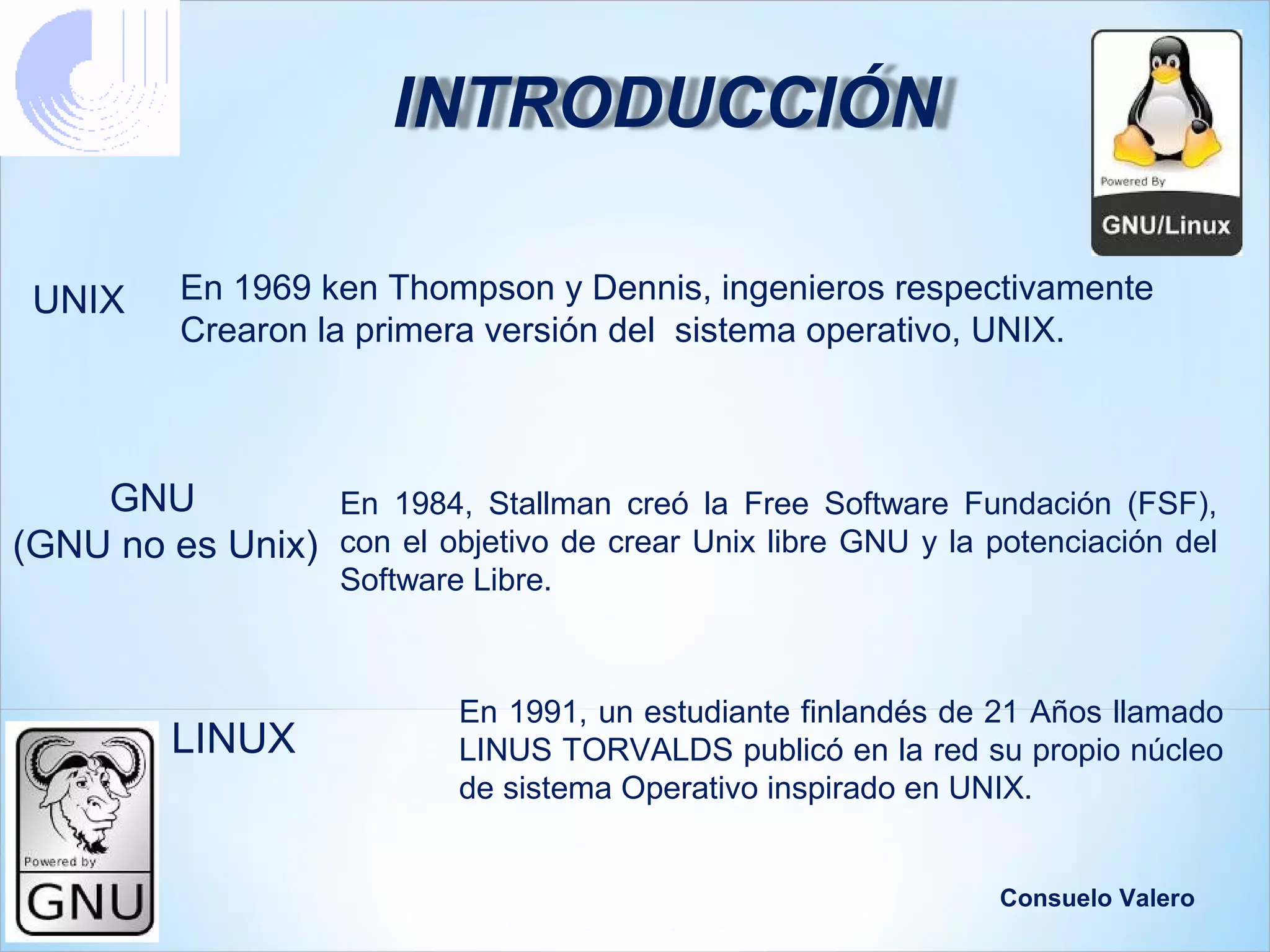 INTRODUCCIÓN

 UNIX     En 1969 ken Thompson y Dennis, ingenieros respectivamente
          Crearon la primera versión del sistema operativo, UNIX.



    GNU          En 1984, Stallman creó la Free Software Fundación (FSF),
(GNU no es Unix) con el objetivo de crear Unix libre GNU y la potenciación del
                     Software Libre.



                             En 1991, un estudiante finlandés de 21 Años llamado
          LINUX              LINUS TORVALDS publicó en la red su propio núcleo
                             de sistema Operativo inspirado en UNIX.


                                                                 Consuelo Valero
 