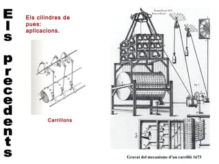Els cilindres de
pues:
aplicacions.




        Carrillons




                     Gravat del mecanisme d’un carrilló 1673
 