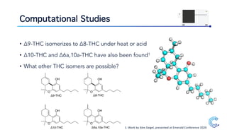 Computational Studies
1: Work by Alex Siegel, presented at Emerald Conference 2020
• Δ9-THC isomerizes to Δ8-THC under heat or acid
• Δ10-THC and Δ6a,10a-THC have also been found1
• What other THC isomers are possible?
O
OH
O
OH
O
OH
O
OH
Δ9-THC Δ8-THC
Δ10-THC Δ6a,10a-THC
 