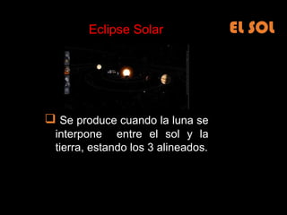 EL SOL Se produce cuando la luna se interpone entre el sol y la tierra, estando los 3 alineados. Eclipse Solar