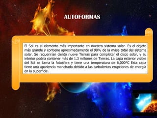 AUTOFORMAS El Sol es el elemento más importante en nuestro sistema solar. Es el objeto más grande y contiene aproximadamente el 98% de la masa total del sistema solar. Se requerirían ciento nueve Tierras para completar el disco solar, y su interior podría contener más de 1.3 millones de Tierras. La capa exterior visible del Sol se llama la fotosfera y tiene una temperatura de 6,000°C Esta capa tiene una apariencia manchada debido a las turbulentas erupciones de energía en la superficie.
