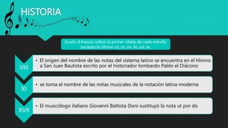 HISTORIA
VIII
• El origen del nombre de las notas del sistema latino se encuentra en el Himno
a San Juan Bautista escrito por el historiador lombardo Pablo el Diácono
XI
• se toma el nombre de las notas musicales de la notación latina moderna
XVII
• El musicólogo italiano Giovanni Battista Doni sustituyó la nota ut por do
Guido d'Arezzo utilizó la primer sílaba de cada estrofa,
excepto la última: ut, re, mi, fa, sol, la.
 