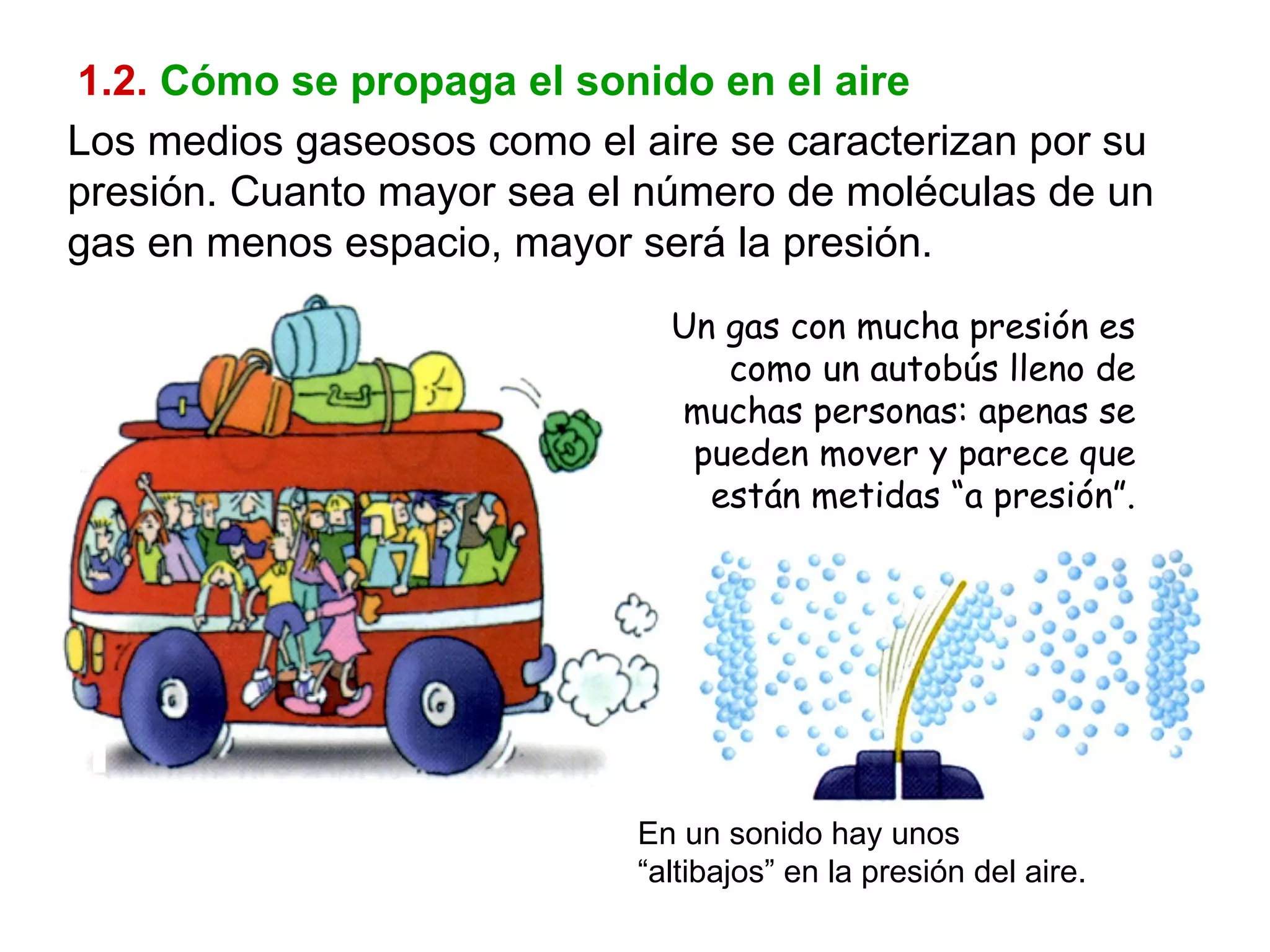 1.2.   Cómo se propaga el sonido en el aire Los medios gaseosos como el aire se caracterizan por su presión. Cuanto mayor sea el número de moléculas de un gas en menos espacio, mayor será la presión. Un gas con mucha presión es como un autobús lleno de muchas personas: apenas se pueden mover y parece que están metidas “a presión”. En un sonido hay unos “altibajos” en la presión del aire. 