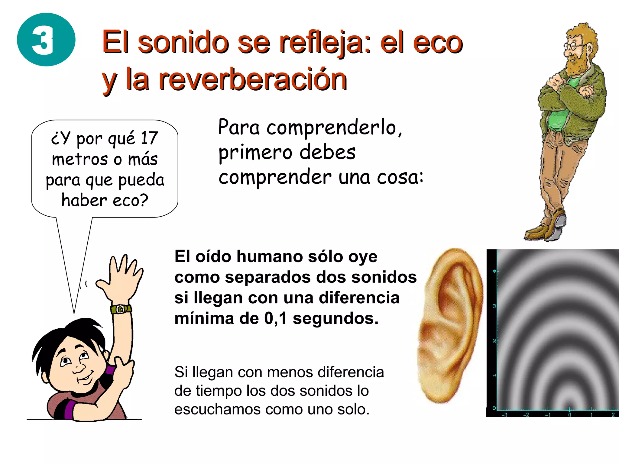 El sonido se refleja: el eco y la reverberación Para comprenderlo, primero debes comprender una cosa: ¿Y por qué 17 metros o más para que pueda haber eco? El oído humano sólo oye como separados dos sonidos si llegan con una diferencia mínima de 0,1 segundos. Si llegan con menos diferencia de tiempo los dos sonidos lo escuchamos como uno solo. 3 