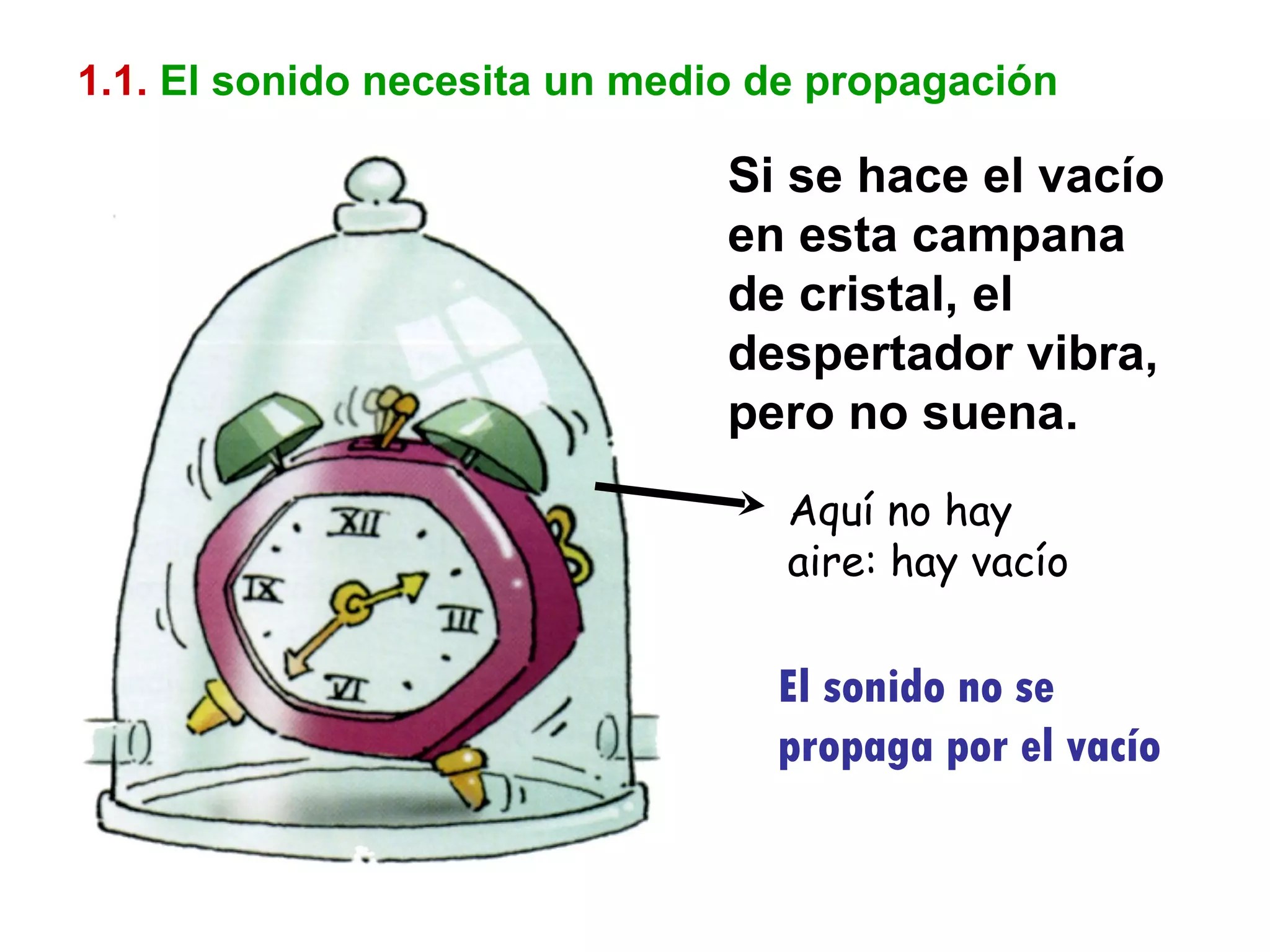 1.1.   El sonido necesita un medio de propagación Si se hace el vacío en esta campana de cristal, el despertador vibra, pero no suena. Aquí no hay aire: hay vacío El sonido no se propaga por el vacío 