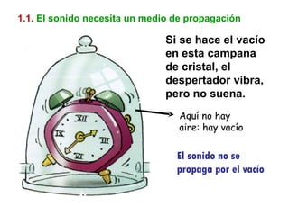 1.1.   El sonido necesita un medio de propagación Si se hace el vacío en esta campana de cristal, el despertador vibra, pero no suena. Aquí no hay aire: hay vacío El sonido no se propaga por el vacío 