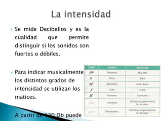 Se mide Decibelios y es la cualidad que permite distinguir si los sonidos son fuertes o débiles. Para indicar musicalmente los distintos grados de intensidad se utilizan los matices. A partir de 120 Db puede resultar perjudicial para nuestro oído 