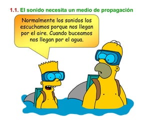 1.1. El sonido necesita un medio de propagación
    Normalmente los sonidos los
   escuchamos porque nos llegan
   por el aire. Cuando buceamos
      nos llegan por el agua.
 