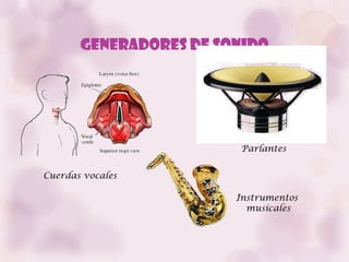 Generadores de sonido




                         Parlantes


Cuerdas vocales

                        Instrumentos
                          musicales
 