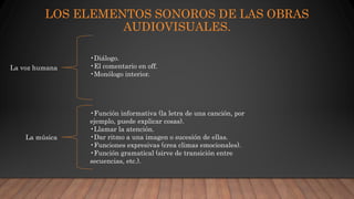 LOS ELEMENTOS SONOROS DE LAS OBRAS
AUDIOVISUALES.
La voz humana
•Diálogo.
•El comentario en off.
•Monólogo interior.
La música
•Función informativa (la letra de una canción, por
ejemplo, puede explicar cosas).
•Llamar la atención.
•Dar ritmo a una imagen o sucesión de ellas.
•Funciones expresivas (crea climas emocionales).
•Función gramatical (sirve de transición entre
secuencias, etc.).
 