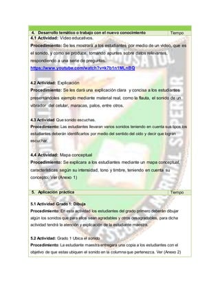 4. Desarrollo temático o trabajo con el nuevo conocimiento Tiempo
4.1 Actividad: Video educativos.
Procedimiento: Se les mostrará a los estudiantes por medio de un video, que es
el sonido, y como se produce, tomando apuntes sobre datos relevantes,
respondiendo a una serie de preguntas.
https://www.youtube.com/watch?v=k7b1n1MLnBQ
4.2 Actividad: Explicación
Procedimiento: Se les dará una explicación clara y concisa a los estudiantes
presentándoles ejemplo mediante material real, como la flauta, el sonido de un
vibrador del celular, maracas, palos, entre otros.
4.3 Actividad Que sonido escuchas.
Procedimiento: Las estudiantes llevaran varios sonidos teniendo en cuenta sus tipos los
estudiantes deberán identificarlos por medio del sentido del oído y decir que logran
escuchar.
4.4 Actividad: Mapa conceptual
Procedimiento: Se explicara a los estudiantes mediante un mapa conceptual,
características según su intensidad, tono y timbre, teniendo en cuenta su
concepto. Ver (Anexo 1)
5. Aplicación práctica Tiempo
5.1 Actividad Grado 1: Dibuja
Procedimiento: En esta actividad los estudiantes del grado primero deberán dibujar
algún los sonidos que para ellos sean agradables y otros desagradables, para dicha
actividad tendrá la atención y explicación de la estudiante maestra.
5.2 Actividad: Grado 1 Ubica el sonido
Procedimiento: La estudiante maestra entregara una copia a los estudiantes con el
objetivo de que estas ubiquen el sonido en la columna que pertenezca. Ver (Anexo 2)
 
