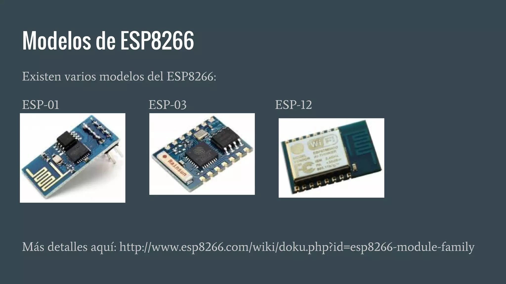 Modelos de ESP8266
Existen varios modelos del ESP8266:
ESP-01 ESP-03 ESP-12
Más detalles aquí: http://www.esp8266.com/wiki/doku.php?id=esp8266-module-family
 