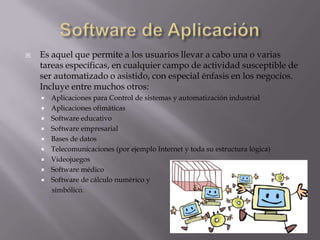 

Es aquel que permite a los usuarios llevar a cabo una o varias
tareas específicas, en cualquier campo de actividad susceptible de
ser automatizado o asistido, con especial énfasis en los negocios.
Incluye entre muchos otros:










Aplicaciones para Control de sistemas y automatización industrial
Aplicaciones ofimáticas
Software educativo
Software empresarial
Bases de datos
Telecomunicaciones (por ejemplo Internet y toda su estructura lógica)
Videojuegos
Software médico
Software de cálculo numérico y
simbólico.

 