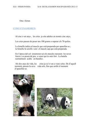 ELS OSSOS PANDA           3è B ESCOLA RAMON MACIP-GRANÉS 2012-13




      Ona i ferran


COM S’ENAMOREN


 Al cinc o set anys , les cries ja són adultes en només cinc anys,

 Les cries passen de pesar uns 100 grams a superar els 70 quilos.

 La femella indica al mascle que està preparada per aparellar-se ;
 la femella fa sorolls i així el mascle sap que està preparada.

 En l´època del cel (enamorar-se) els mascles mesuren les seves
 forces i es posen de peu a veure qui és més fort . La batalla
 normalment acaba en baralles .

 Als dos anys de vida, les cries ja se´n van a viure soles. De d’aquell
 moment, passen la seva vida sols, fins que arribi el moment
 d’aparellar-se.
 