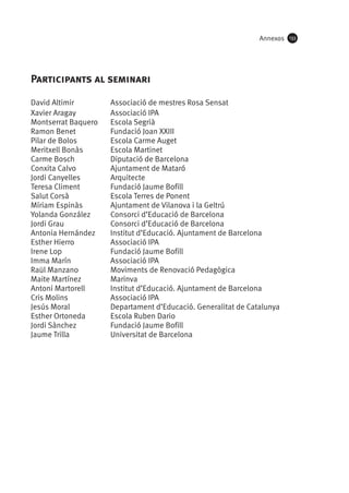 Annexos

Participants al seminari
David Altimir
Xavier Aragay
Montserrat Baquero
Ramon Benet
Pilar de Bolos
Meritxell Bonàs
Carme Bosch
Conxita Calvo
Jordi Canyelles
Teresa Climent
Salut Corsà
Míriam Espinàs
Yolanda González
Jordi Grau
Antonia Hernández
Esther Hierro
Irene Lop
Imma Marín
Raül Manzano
Maite Martínez
Antoni Martorell
Cris Molins
Jesús Moral
Esther Ortoneda
Jordi Sànchez
Jaume Trilla

Associació de mestres Rosa Sensat
Associació IPA
Escola Segrià
Fundació Joan XXIII
Escola Carme Auget
Escola Martinet
Diputació de Barcelona
Ajuntament de Mataró
Arquitecte
Fundació Jaume Bofill
Escola Terres de Ponent
Ajuntament de Vilanova i la Geltrú
Consorci d’Educació de Barcelona
Consorci d’Educació de Barcelona
Institut d’Educació. Ajuntament de Barcelona
Associació IPA
Fundació Jaume Bofill
Associació IPA
Moviments de Renovació Pedagògica
Marinva
Institut d’Educació. Ajuntament de Barcelona
Associació IPA
Departament d’Educació. Generalitat de Catalunya
Escola Ruben Dario
Fundació Jaume Bofill
Universitat de Barcelona

133

 