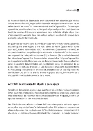 L’observació

45

La majoria d’activitats observades entre l’alumnat s’han desenvolupat en situacions de col·laboració, negociació i distensió, excepte sis observacions de les
seixanta-vuit, en què s’ha documentat cert nivell d’agressivitat. Entenem per
agressivitat aquelles situacions en les quals algun o alguns dels participants de
l’activitat mostren físicament o verbalment estar enfadats, dirigint algun tipus
d’acció agressiva verbal o física cap a algun o alguns membres del grup de joc o
presents en l’activitat realitzada.
En quatre de les observacions d’activitat en què s’han produït accions agressives,
els participants eren majoria o tots nois: cartes de futbol (quatre nois), lluites
(vuit nois), xutar a porteria (deu nois) i matar corrents (tretze nois - sis noies). En
un parell d’activitats en què la majoria o totes són noies també s’ha documentat
certa agressivitat: bàsquet (quatre noies) i joc de corda (dotze noies i dos nois).
Les situacions d’agressivitat documentades són variades, i el grau d’agressivitat
en les accions també. Només en una es documenta contacte físic, en els altres
casos les accions documentades són escridassar i renyar els companys de joc
perquè aquest ha hagut d’aturar-se. Cap d’aquestes situacions d’agressivitat no
ha motivat cap intervenció del professorat, excepte una d’un cop de peu que ha
continuat en una discussió a la fila mentre es pujava a l’aula, i el desordre de la
discussió ha motivat la intervenció de la tutora.

Activitats desenvolupades al pati: a què es juga
També hem demanat als alumnes que qualifiquin les activitats realitzades segons
si han estat més aviat quietes, mogudes o les han combinat totes dues. En general,
més de la meitat de l’alumnat ha desenvolupat activitats mogudes, i només un
15% les ha classificat com més aviat quietes.
Les diferències amb referència al sexe de l’alumnat enquestat es tornen a posar
de manifest segons els tipus d’activitats realitzades. Així, s’observa clarament que
els nois diuen que han realitzat en un 60% activitats mogudes per contraposició
al 40% de les noies que han combinat activitats mogudes i més aviat mogudes

 