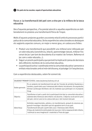 72

Els patis de les escoles: espais d’oportunitats educatives

Focus 2: La transformació del pati com a eina per a la millora de la tasca
educativa
Des d’aquesta perspectiva, s’ha prestat atenció a aquelles experiències on deliberadament es produïa una transformació física de l’espai.
Molts d’aquests projectes guarden una estreta relació amb els processos participatius de la comunitat educativa. De les experiències seleccionades es destaquen
els següents aspectes comuns, en major o menor grau, en cadascuna d’elles:
•	 Produir una transformació que possibiliti una millora/canvi reforçada per
un valor educatiu (convivència, relació, aprenentatge natural, millorar l’escenari de joc i per tant de descoberta d’un mateix i de l’entorn. Refermar el
joc com a valor educatiu...).
•	 Seguir un procés participatiu que permeti la implicació i presa de decisions
dels diferents membres de la comunitat educativa.
•	 La participació activa i coordinada entre la comunitat educativa i persones o
entitats relacionades amb el món del disseny, el paisatge i/o l’arquitectura.
Com a experiències destacades, volem fer esment de:
DAUBENEY PRIMARY SCHOOL: www.daubeney.hackney.sch.uk

Dades generals

És un projecte de transformació de pati de l’escola de primària Daubeney a
Londres, a partir dels usos i interessos dels infants i els docents. Els arquitectes
Kinnear Landscape Architects són els mateixos que participen en el projecte
Snug.

Objectiu

Transformar el pati a partir de la participació de tota la comunitat educativa i
sobretot dels interessos dels infants i els docents. L’objectiu no és tant el canvi
del pati, sinó el canvi en la cultura dels jocs i del moment del pati.

Idees força

Activitats experimentals, prèvies a la transformació, perquè els alumnes poguessin investigar i descobrir què els agradaria tenir al seu pati.
Transformació del pati a partir dels usos i interessos dels infants.
El tipus de material és estimulador de nous jocs i de la cooperació dels infants,
i estimula la seva imaginació i creativitat a l’hora de jugar.

 