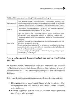 Cerca d’experiències significatives

73

MUREGAARDEN: www.sansehaver.dk/asp/side/murergaard.html#engelsk

Dades generals

Projecte de pati escolar d’infantil i primària a Copenhaguen, Dinamarca. Una
transformació, basada en la natura, sensible a les necessitats de joc dels infants
i que posa especial atenció en la seguretat i el desenvolupament de l’infant.

Objectiu

Crear un espai natural entre els edificis de l’escola, amb una mirada pedagògica
i sensible a les necessitats i preferències dels infants.

Idees força

Jugar amb la natura com a element fonamental del pati. Combinació, en el
disseny, de la natura, els diferents terrenys i les condicions d’esbarjo i joc.
Compta amb la participació activa dels infants, mitjançant dibuixos, propostes
o dissenys.
El pati dels infants és tota una mateixa zona, amb possibilitat de tancar la zona
dels petits per a la seva seguretat.
El nou espai ha millorat la qualitat de joc dels alumnes de l’escola i ha beneficiat
la convivència dels infants; tenir diferents possibilitats de joc ha fet baixar la
taxa de conflicte dins del temps de pati.
La preocupació pel grau d’accidents ha disminuït en veure que en deu anys no
hi ha hagut cap accident greu.

Focus 3: La incorporació de materials al pati com a reforç dels objectius
educatius
Des d’aquesta mirada, s’han recollit els projectes que centren la seva innovació
en l’ús de materials, existents o els específicament dissenyats, que tenen en el
joc i l’experimentació la seva concreció psicopedagògica i en el pati el seu lloc
d’ubicació.
De les experiències seleccionades es destaquen els aspectes clau següents:
•	 Dissenys que reforcen la participació i la convivència: pensats específicament per proposar un tipus de relació (amb l’entorn, amb els companys,
amb els altres...).
•	 Materials suggeridors que ens poden fer pensar en idees i aplicacions
específiques i afins al projecte.

 
