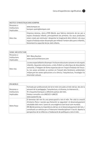 Cerca d’experiències significatives

77

INSTITUT D’INVESTIGACIONS KOMPAN
Persones o
www.kompan.es
institucions
kompan.spain@kompan.com
implicades
Empresa danesa, sòcia d’IPA World, que fabrica elements de joc per a
espais d’esbarjo infantil, principalment de primària. Els seus productes
estan creats per estimular i despertar la imaginació dels infants i els seus
Idea clau
espais d’esbarjo estan dissenyats per millorar l’entorn dels parcs infantils,
fomentant la capacitat de joc dels infants.

SONIC ARCHITECTURE
Persones o
Bill i Mary Buvhen
institucions
www.sonicarchitecture.com
implicades
La seva especialitat és dissenyar i incloure estructures sonores en els espais
infantils. Aquestes estructures, a més d’oferir un altre tipus de descoberta
sensorial, s’integren de forma espectacular en l’espai d’esbarjo de l’escoIdea clau
la. Les seves activitats se centren en l’estudi dels fenòmens ambientals
mitjançant les seves aplicacions a la ciència, l’arquitectura, l’ecologia i la
diversitat cultural.

IPA WORLD
Persones o
institucions
implicades

Idees força

Formada per professionals de tot el món vinculats al món del joc des de la
vessant de la pedagogia, l’arquitectura, el disseny, la intervenció...
Té cinquanta branques a diferents països del món.
Estatus consultiu a la UNESCO i UNICEF.
www.ipaworld.org
El benestar del nen és una preocupació a tot el món. Per això la creació
d’entorns físics i socials que fomentin la seguretat i el desenvolupament
saludable dels nens i joves és una exigència tant local com mundial.
IPA World promou la importància del joc en el desenvolupament del nen, i
constitueix un vehicle per a l’intercanvi interdisciplinari i l’acció. Aporta la
perspectiva de la infància a l’elaboració de polítiques a tot el món.

 