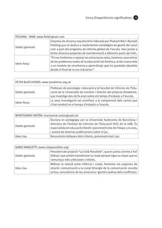 Cerca d’experiències significatives

79

FEILDING - NAIR: www.fieldingnair.com
Empresa de disseny arquitectònic liderada per Prakash Nair i Randall
Fielding que es dedica a implementar estratègies de gestió del canvi
Dades generals
com a part del programa de reforma global de l’escola. Han portat a
terme diversos projectes de transformació a diferents parts del món.
“Si nos limitamos a reparar las estructuras rotas, haremos caso omiso
de los problemas reales de la educación de América, al dar nueva vida
Idees força
a un modelo de enseñanza y aprendizaje que ha quedado obsoleto
desde el final de la era industrial.”

PETER BLATCHFORD: www.breaktime.org.uk
Dades generals
Idees força

Professor de psicologia i educació a la Facultat de Ciències de l’Educació de la Universitat de Londres i director del projecte Breaktime,
que investiga des de fa anys sobre els temps d’esbarjo a l’escola.
La seva investigació vol contribuir a la comprensió dels canvis que
s’han produït en el temps d’esbarjo a l’escola.

MONTSERRAT ANTÓN: montserrat.anton@uab.cat
Doctora en pedagogia per la Universitat Autònoma de Barcelona i
directora de l’Institut de Ciències de l’Educació (ICE) de la UAB. És
Dades generals
especialista en educació infantil i psicomotricista de l’etapa 3-6 anys,
i autora de diverses publicacions sobre el joc.
Idea clau
Necessitats lúdiques dels infants, psicomotricitat i joc.
DARIO MANUETTI: www.cittapossibile.org/
President del projecte “La Città Possibile”, que es porta a terme a Torí
Dades generals
(Itàlia) i que pretén transformar la ciutat perquè sigui un espai que es
comuniqui més amb joves i infants.
Millorar la relació entre infància i ciutat, fomentar els aspectes de
Idea clau
relació i comunicació a la ciutat (triangle de la comunicació: escolta
activa, consciència de les emocions i gestió creativa dels conflictes).

 