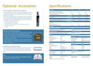 RealTime Local & Remote Monitoring
The G4400 series is accessible locally or remotely, using either an integral
web server interface or the Elspec G4100 remote display. The Elspec G4100
represents the next generation in power network information exchange.
By using IP based communication, various unprecedented setup configurations
are enabled over a great distance. Using thernet infrastructure, the G4100
can monitor multiple G4400 meters connected to the network remotely or
connected to each analyzer directly.
The G4100’s display provides full control over all meters allowing technicians
and field operators to fully configure and operate each single meter in the
network. The G4100 can be powered by external power supply or through the
G4400 embedded PoE port.
Product Series G4410 G4420 G4430
Real-Time Measurements
Voltage Sampling Rate, Maximum Samples/Cycle 256 512 1024
Voltage Harmonics (Individual, Even, Odd, Total) Up to - 127TH
255TH
511TH
Type of Analog to Digital Converter 16/201
bit 16/201
bit 16/201
bit
Storage Capacity w
Internal Memory 128 MB 4 GB 16 GB
Power Quality Analysis
Transient Detection, Microseconds (50Hz/60Hz) 78.1/65.1µs 39/32.5µs 19.5/16.3µs
Communication Ports
Ethernet Ports 1 2 2
Power Over Ethernet (PoE- Out) - 1 1
Voltage Ride Through on Power Loss (up to) 10 sec. 25 sec. 25 sec.
Specifications
Applicable Measurement Standards Control
EN50160, IEEE1159, IEEE519, IEC61000-4-15, IEC61000-4-7,
IEC61000-4-30 Class A, IEC62053-22/23 Class 0.2
Comprehensive web server for local and remote real-time monitoring
and control
Applicable EMC Standards Applicable Environmental Standards
EN55011 Group 1 Class A, EN60439-1 (clauses 7.9.1, 7.9.3, 7.9.4, 7.10.3, 7.10.4),
FCC Part 15 Subpart B Class A, IEC61000-3-3, EN61000-6-2, IEC60255
IEC60068-2-1, 2, 6, 11, 27, 30, 75
Voltage Applicable Safety Standards
Channels 3 Phase + Neutral EN61010-1:2001 2nd
Edition
Nominal Full Scale 1000V Power Supply
Maximum Peak Measurement 8kV Auxiliary Supply – PoE In According to 802.3af
Input Impedance 3MΩ Auxiliary DC Supply 48 Vdc
Uncertainty 0.1% of Nominal Operating Range
100-260 VAC: 50/60 Hz 100-300
VDC
Current Time
Channels 3 Phase + Neutral Real Time Clock 20ppm
Nominal Full Scale 5A Synchronization Device Accuracy
Maximum Peak Measurement 50A GPS 100-200µs
Burden 0.0001VA@5A IRIG B 100-200µs
Phase ±0.42°@3A ±0.17°@5A SNTP Server 50-100µs
Uncertainty 0.1% of Nominal DCF-77 ±15ms
Frequency Communication Protocols
Fundamental Frequency 42.5 Hz to 69 Hz Modbus TCP, Modbus RTU, OPC, DNP3 SMTP Client
Frequency Resolution 10 mHz RS-485/422
Frequency Accuracy ±10 mHz
Physical Environmental Conditions
Dimensions 175mm x 232mm x138mm Operation Temperature -20°C to 70°C(-4°F to 158°F)
Weight 1.7Kg Storage Temperature -40°C to 85°C(-40°F to 185°F)
Multi I/O extension to comply with every application
The G4400 series offers the option to expend the meter capability by adding
the multi I/O module in conjunction with all metering functionalities. The I/O
module includes analog and digital I/O as well as a relay output to specifically
work with your application.
The multi I/O module extends the meter capability in order to replace RTUs
and PLCs for energy management and substation automation. With the G4400
series you can monitor the reliability of system apparatus such as transformers,
circuit breakers and other critical equipment. The G4400 series supports up to
2 I/O modules using internal power along with:
a 8 fast digital input at 16sample/sec
a 4 fast digital output at 16 sample/sec
a 4 analog 4-20mA input sampled at 1Hz with programmable scaling
a 4 analog 4-20mA output
a 3 Relays
GPS
The GPS provides an optimal mobile time synchronization solution for
accurate time data via satellite signal. In absence of many other technologies, it
synchronizes the time at any remote location.
Multi-Frequency 3.5GWireless Modem
The Wireless GPRS modem provides a fast mobile communication access and
offers the perfect solution in industrial data communication. It is fitted with
a card drawer structure, and it may be connected with a standard RS-422
interface. Data is transmitted at 3.5G, and is fully compatible with GSM/GPRS/
EDGE
Optional Accessories Specifications
1
Effective bits
Disclaimer: Specifications subject to changes without prior notice
 