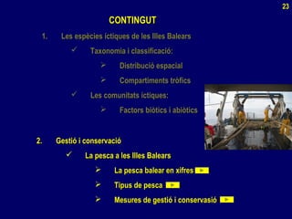 1.1. Les espècies íctiques de les Illes BalearsLes espècies íctiques de les Illes Balears
 Taxonomia i classificació:Taxonomia i classificació:
 Distribució espacialDistribució espacial
 Compartiments tròficsCompartiments tròfics
 Les comunitats íctiques:Les comunitats íctiques:
 Factors biòtics i abiòticsFactors biòtics i abiòtics
CONTINGUTCONTINGUT
2.2. Gestió i conservacióGestió i conservació
 La pesca a les Illes BalearsLa pesca a les Illes Balears
 La pesca balear en xifresLa pesca balear en xifres
 Tipus de pescaTipus de pesca
 Mesures de gestió i conservasióMesures de gestió i conservasió
23
 