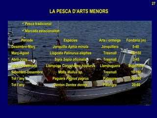 PeríodePeríode EspèciesEspècies Arts i ormeigsArts i ormeigs Fondària (m)Fondària (m)
Desembre-MarçDesembre-Març JonquilloJonquillo Aphia minutaAphia minuta JonquilleraJonquillera 5-405-40
Març-AgostMarç-Agost LlagostaLlagosta Palinurus elephasPalinurus elephas TresmallTresmall 45-15045-150
Abril-JunyAbril-Juny SípiaSípia Sepia oficinalisSepia oficinalis TresmallTresmall 2-452-45
Agost-DesembreAgost-Desembre LlampugaLlampuga Coryphaena hippurusCoryphaena hippurus LlampugueraLlampuguera SuperfícieSuperfície
Setembre-DesembreSetembre-Desembre MollsMolls Mullus sp.Mullus sp. TresmallTresmall 10-15010-150
Tot l’anyTot l’any PagueraPaguera Pagrus pagrusPagrus pagrus PalangrePalangre 50-15050-150
Tot l’anyTot l’any DentonDenton Dentex dentexDentex dentex PalangrePalangre 20-6020-60
LA PESCA D’ARTS MENORSLA PESCA D’ARTS MENORS
Pesca tradicionalPesca tradicional
Marcada estacionalitatMarcada estacionalitat
27
 
