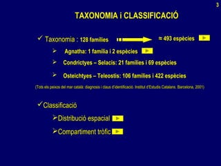TAXONOMIA i CLASSIFICACIÓTAXONOMIA i CLASSIFICACIÓ
 Taxonomia :Taxonomia : 128 famílies128 famílies ≈≈ 493 espècies493 espècies
 Agnatha: 1 família i 2 espèciesAgnatha: 1 família i 2 espècies
 Condrictyes – Selacis: 21 famílies i 69 espèciesCondrictyes – Selacis: 21 famílies i 69 espècies
 Osteichtyes – Teleostis: 106 famílies i 422 espèciesOsteichtyes – Teleostis: 106 famílies i 422 espècies
(Tots els peixos del mar català: diagnosis i claus d’identificació. Institut d’Estudis Catalans. Barcelona, 2001)(Tots els peixos del mar català: diagnosis i claus d’identificació. Institut d’Estudis Catalans. Barcelona, 2001)
ClassificacióClassificació
Distribució espacialDistribució espacial
Compartiment tròficCompartiment tròfic
3
 