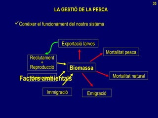 BiomassaBiomassa
ReclutamentReclutament
++
ReproduccióReproducció
CreixementCreixement
ImmigracióImmigració
Mortalitat naturalMortalitat natural
EmigracióEmigració
Exportació larvesExportació larves
LA GESTIÓ DE LA PESCALA GESTIÓ DE LA PESCA
Conèixer el funcionament del nostre sistemaConèixer el funcionament del nostre sistema
Mortalitat pescaMortalitat pesca
33
Factors ambientals
 
