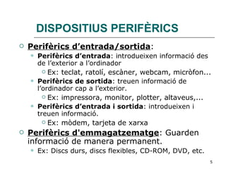 DISPOSITIUS PERIFÈRICS Perifèrics d’entrada/sortida : Perifèrics d’entrada : introdueixen informació des de l’exterior a l’ordinador Ex: teclat, ratolí, escàner, webcam, micròfon... Perifèrics de sortida : treuen informació de l’ordinador cap a l’exterior. Ex: impressora, monitor, plotter, altaveus,... Perifèrics d’entrada i sortida : introdueixen i treuen informació. Ex: mòdem, tarjeta de xarxa Perifèrics d'emmagatzematge : Guarden informació de manera permanent.  Ex: Discs durs, discs flexibles, CD-ROM, DVD, etc. 