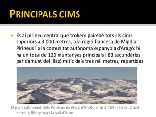    És al pirineu central que trobem gairebé tots els cims
    superiors a 3.000 metres, a la regió francesa de Migdia-
    Pirineus i a la comunitat autònoma espanyola d’Aragó: hi
    ha un total de 129 muntanyes principals i 83 secundàries
    per damunt del llistó mític dels tres mil metres, repartides
    per onze zones.




El punt culminant dels Pirineus és el pic d’Aneto amb 3.404 metres, situat
    entre la Ribagorça i la vall d’Aran.
 
