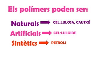 Els polímers poden ser: Naturals Artificials Sintètics CEL.LULOSA, CAUTXÚ PETROLI CEL·LULOIDE 