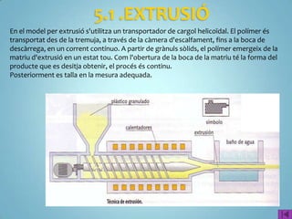 5. TÈCNIQUES DE CONFORMACIÓ DE
                  PLÀSTICS
Les tècniques de conformat de plàstics es refereixen als sistemes que es
faran servir per donar forma o crear objectes tecnològics amb el plàstic
prèviament fabricat.
Les tècniques de conformació més comuns són:

1. Extrusió
2. Modelatge
    a) Per bufatge
    b) Injecció
    c) Per compressió (bàsicament en termoestables)

3. Conformació al buit
4. Calandrat
 