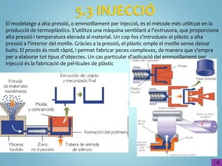 5.2 BUFATGE
s'introdueix al motlle una preforma en forma de tub estovat a través d'un
dosificador i, a continuació, s'injecta aire comprimit i aquesta s'adapta a la
forma interior del motlle. Un cop refredat s'obre el motlle i s'extreu
l'objecte final
 