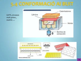 5.3 INJECCIÓ
El modelatge a alta pressió, o emmotllament per injecció, és el mètode més utilitzat en la
producció de termoplàstics. S'utilitza una màquina semblant a l'extrusora, que proporciona
alta pressió i temperatura elevada al material. Un cop fos s'introdueix el plàstic a alta
pressió a l'interior del motlle. Gràcies a la pressió, el plàstic omple el motlle sense deixar
buits. El procés és molt ràpid, i permet fabricar peces complexes, de manera que s'empra
per a elaborar tot tipus d'objectes. Un cas particular d'aplicació del emmotllament per
injecció és la fabricació de pel·lícules de plàstic
 
